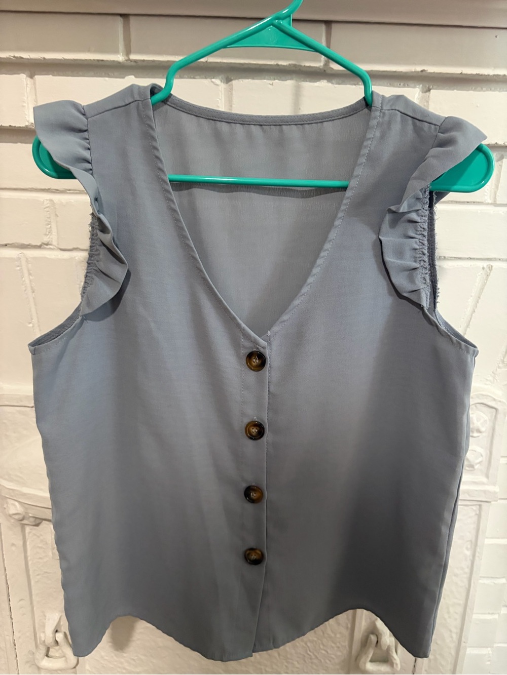 Sleeveless Button-Front Ruffle Shoulder Blouse - Light Blue